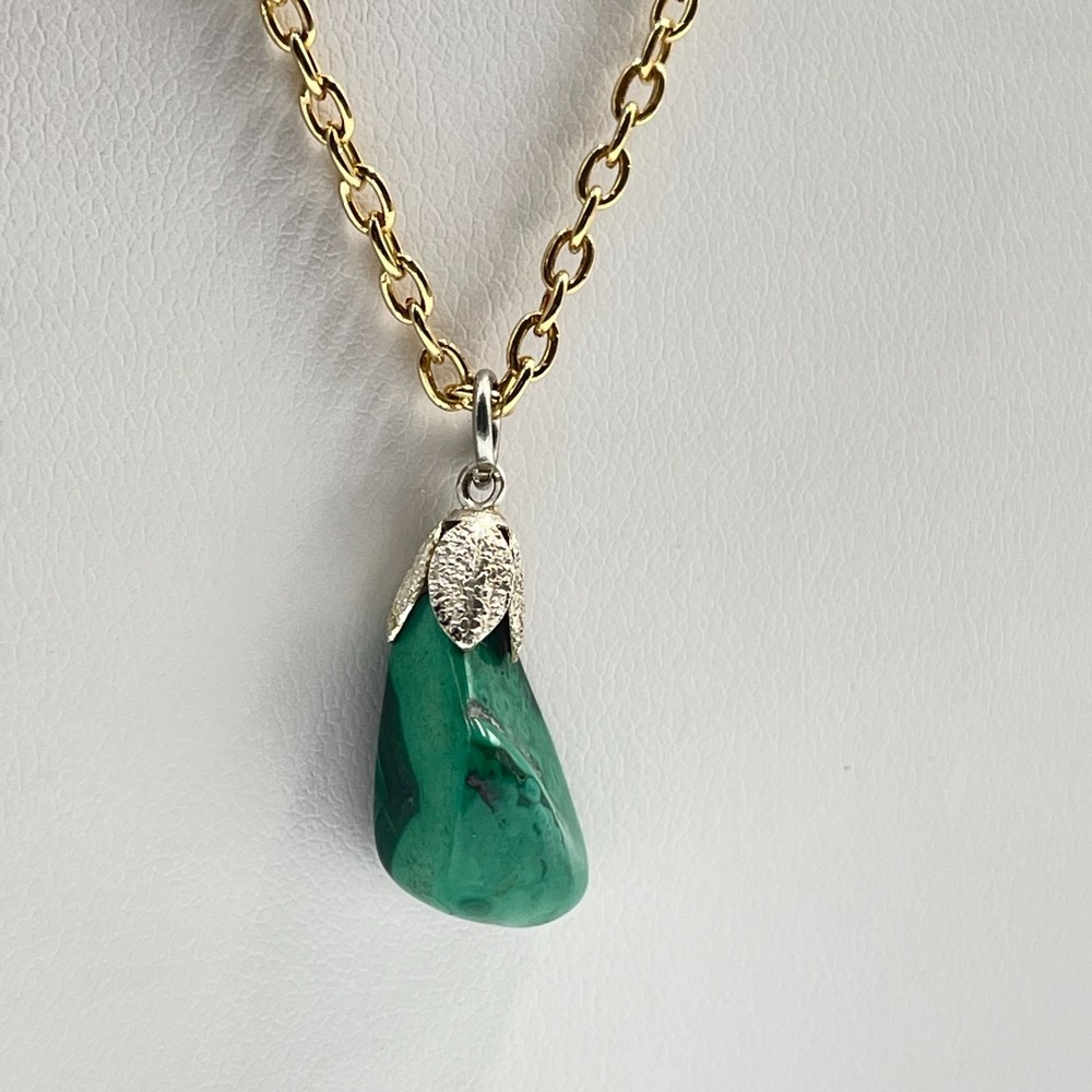 Vintage Green Malachite Pendant Necklace & Swirl Art Glass Drop Earring Set 2pc